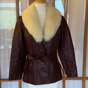 Vintage leather coat faux fur collar